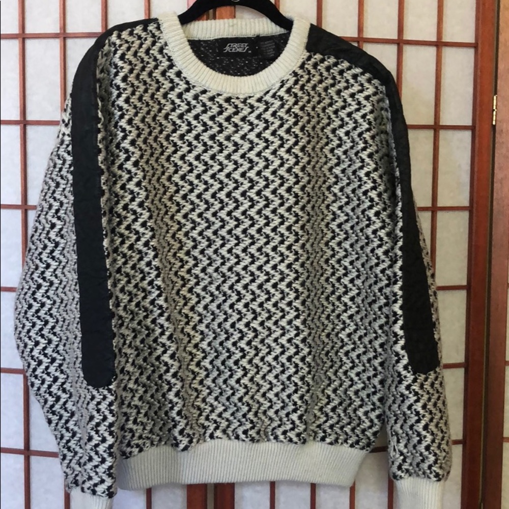 Vintage chevron knit sweater with leather accents